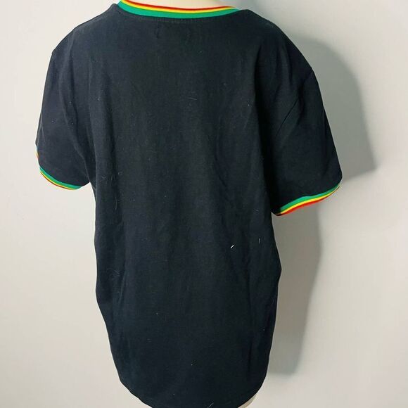 Forever 21 Mens Girls Graphic Ringer Tee LARGE Cotton Embroidered Crewneck Black - Picture 2 of 3